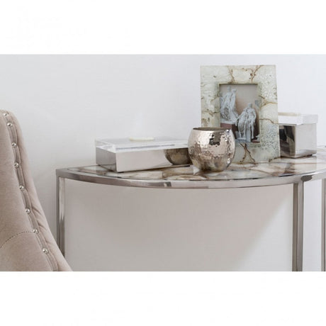Vita Half Moon White Agate Top Table, Agate, Steel, Silver