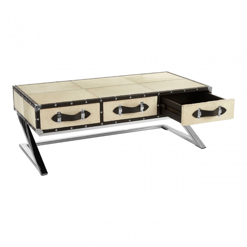 Tuskin Mango Wood Coffee Table, Leather, Mango Wood, Stainless Steel, Natural