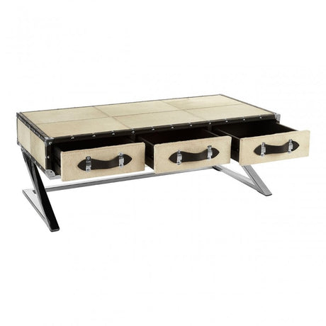 Tuskin Mango Wood Coffee Table, Leather, Mango Wood, Stainless Steel, Natural