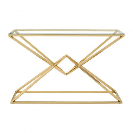 Enrich Corseted Champagne Console Table, Stainless Steel, Glass, Gold