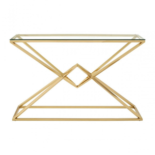 Enrich Corseted Champagne Console Table, Stainless Steel, Glass, Gold