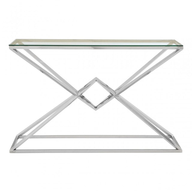 Enrich Corseted Silver Console Table, Stainless Steel, Glass, Silver