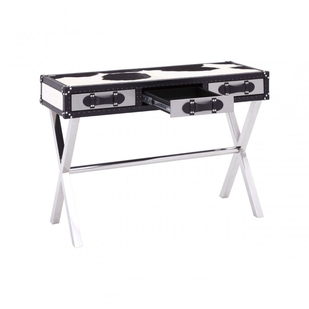 Black / White Genuine Cowhide Console Table, Cowhide, Stainless Steel, Black