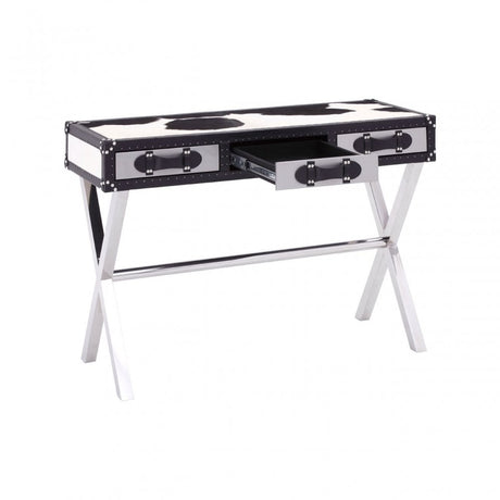 Black / White Genuine Cowhide Console Table, Cowhide, Stainless Steel, Black