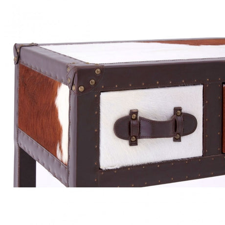Brown / White Genuine Cowhide 3 Drawer Table, Cowhide, Stainless Steel, Brown
