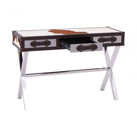 Brown / White Genuine Cowhide Console Table, Cowhide, Stainless Steel, Brown