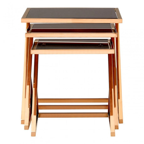 Pantino Nest of 3 Tables with Rose Gold Frames, Stainless Steel, Glass, Rose Gold