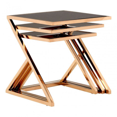 Pantino Nest of 3 Tables with Rose Gold Frames, Stainless Steel, Glass, Rose Gold