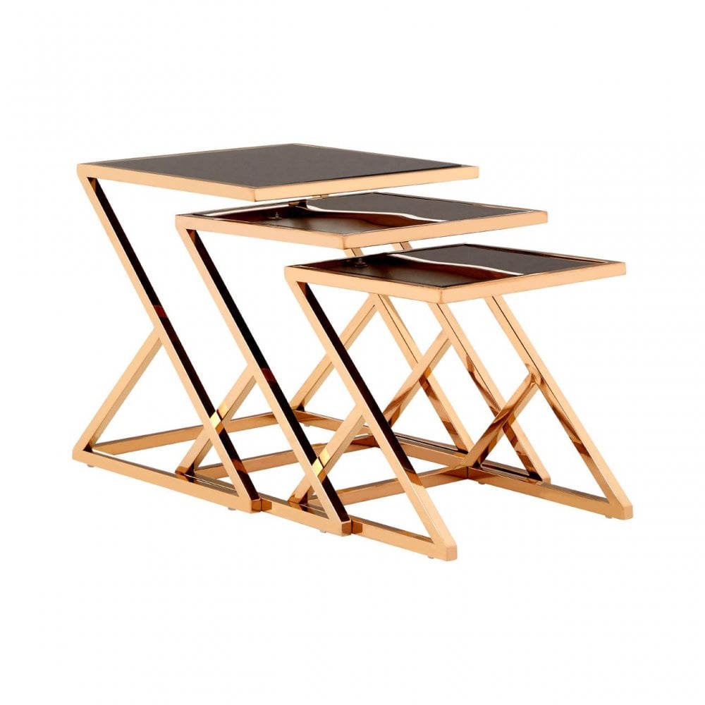 Pantino Nest of 3 Tables with Rose Gold Frames, Stainless Steel, Glass, Rose Gold