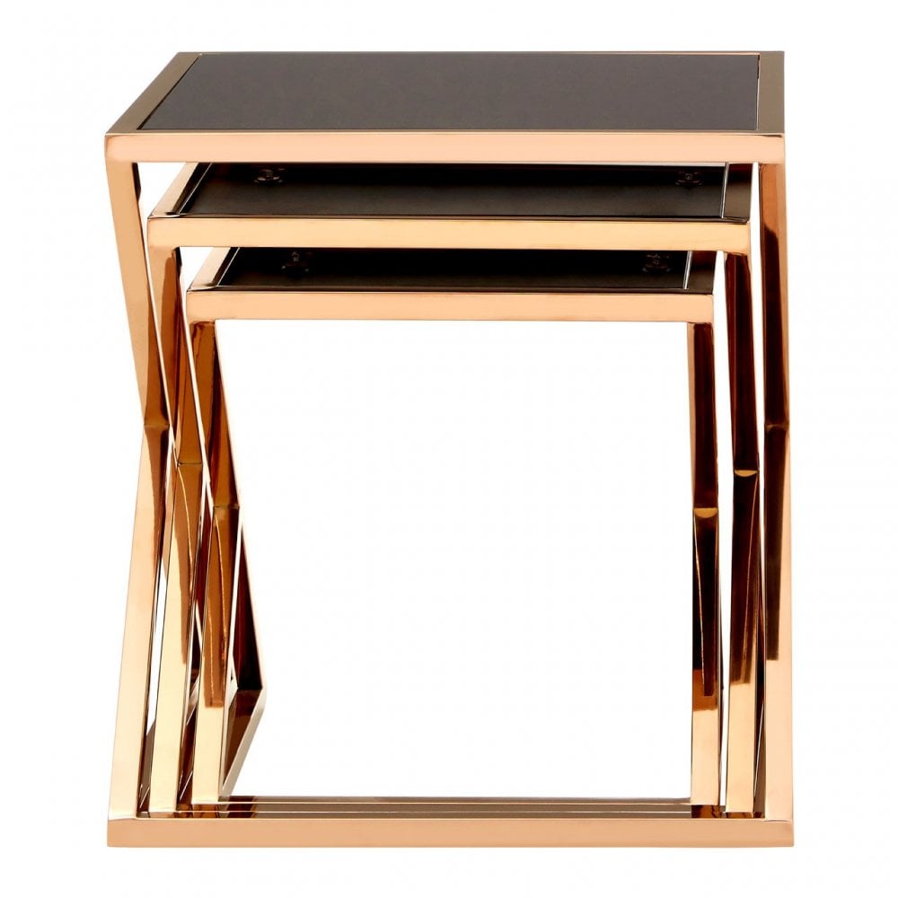 Pantino Nest of 3 Tables with Rose Gold Frames, Stainless Steel, Glass, Rose Gold