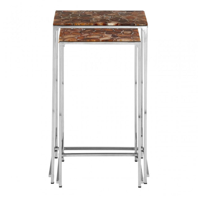 Artefacto Nest Side Tables with Agate Stone Top, Agate, Stainless Steel, Natural