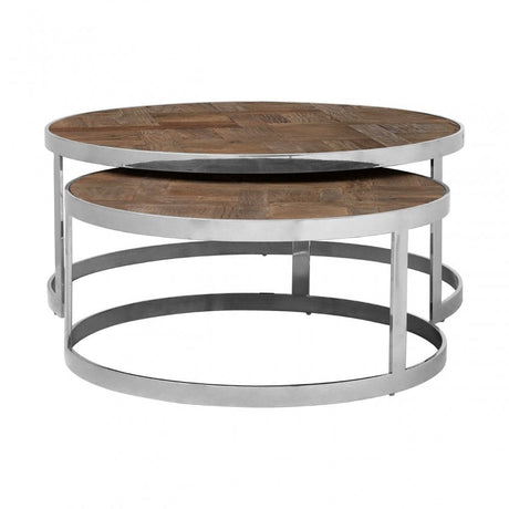 Mitra Nest of 2 Tables, Elm Wood, Stainless Steel, Brown