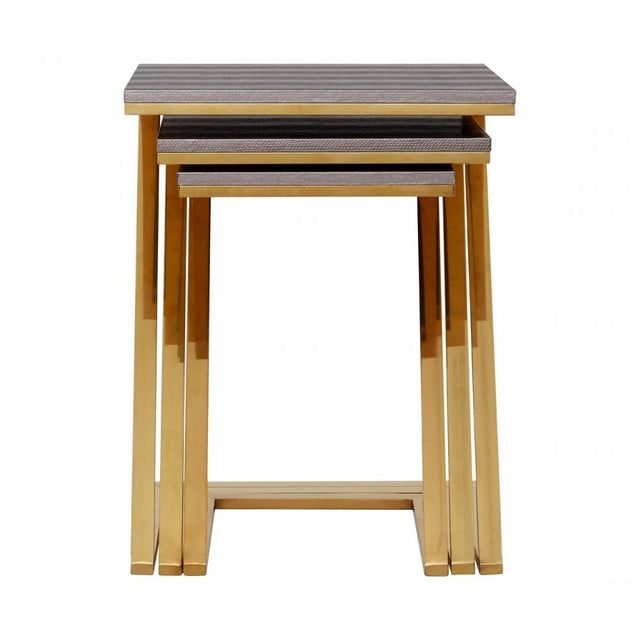 Pacific Faux Snake Skin Nest of 3 Tables, Wood, Stainless Steel, Gold