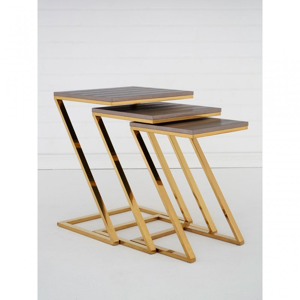 Pacific Faux Snake Skin Nest of 3 Tables, Wood, Stainless Steel, Gold