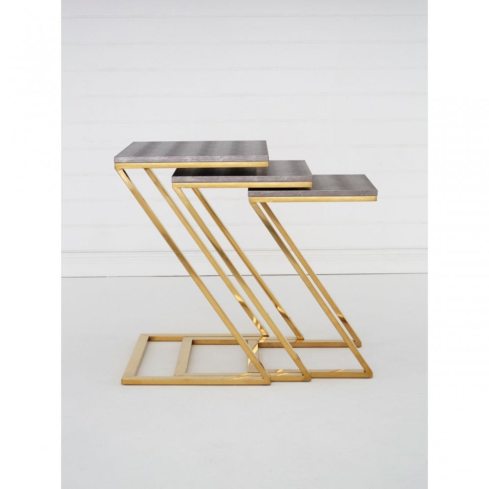 Pacific Faux Snake Skin Nest of 3 Tables, Wood, Stainless Steel, Gold