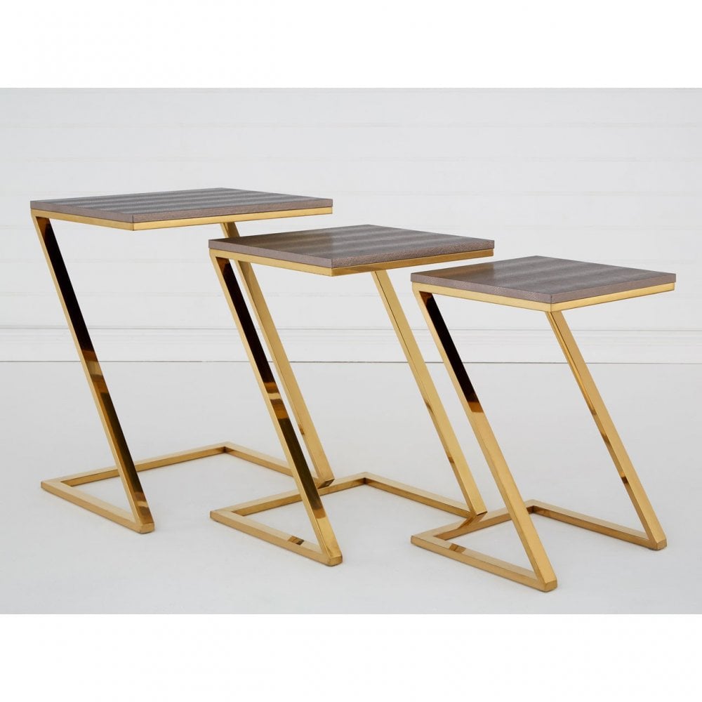 Pacific Faux Snake Skin Nest of 3 Tables, Wood, Stainless Steel, Gold