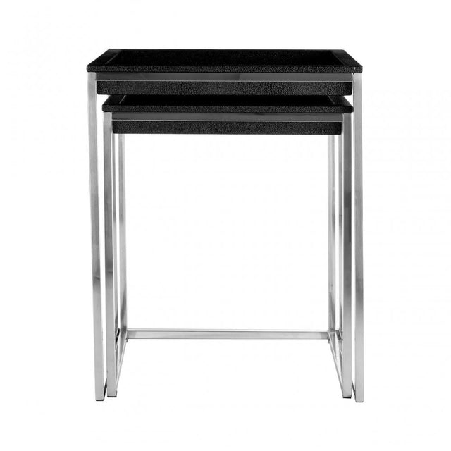 Pacific Faux Shark Skin Nest of 2 Tables, Wood, Stainless Steel, Black