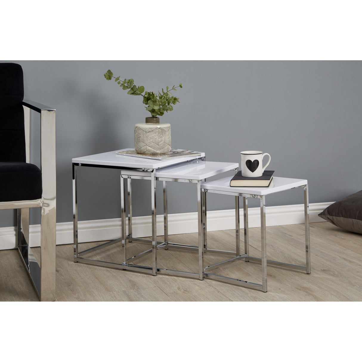 Nest of 3 Tables, Chrome, White