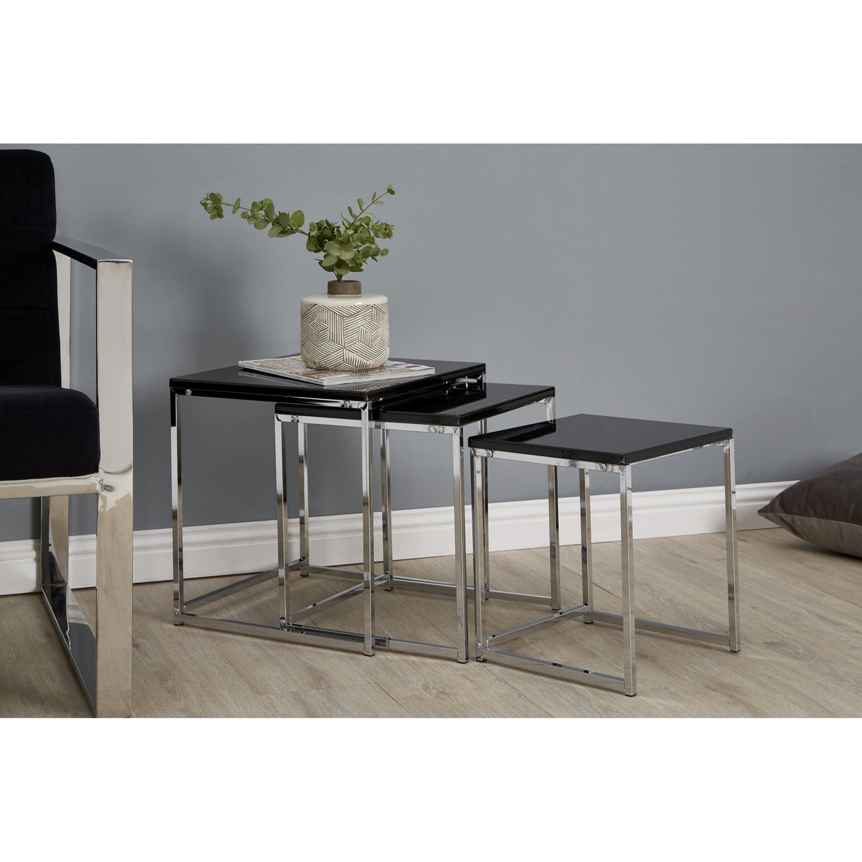 Nest of 3 Tables, Chrome, Black