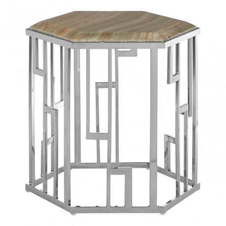 Artefacto Hexagonal Side Table, Onyx Stone, Stainless Steel, Natural