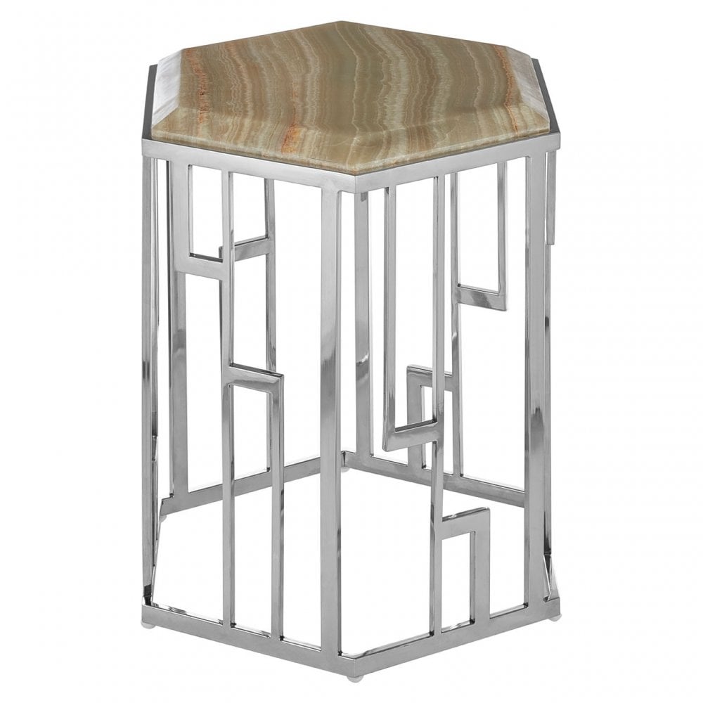 Artefacto Hexagonal Side Table, Onyx Stone, Stainless Steel, Natural