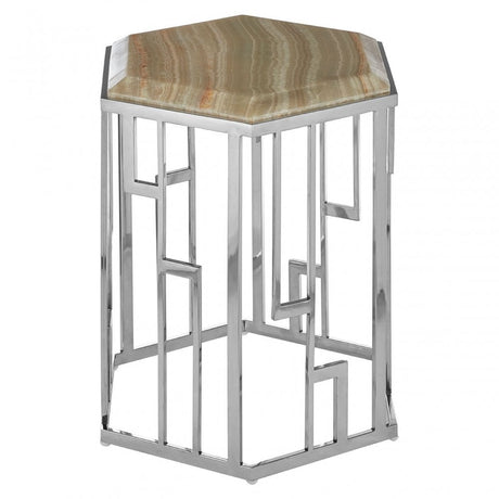 Artefacto Hexagonal Side Table, Onyx Stone, Stainless Steel, Natural