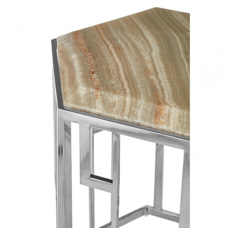 Artefacto Hexagonal Side Table, Onyx Stone, Stainless Steel, Natural