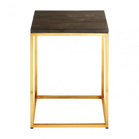 Artefacto Dark Petrified Wood Square Side Table, Iron, Petrified Wood, Brass