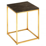 Artefacto Dark Petrified Wood Square Side Table, Iron, Petrified Wood, Brass