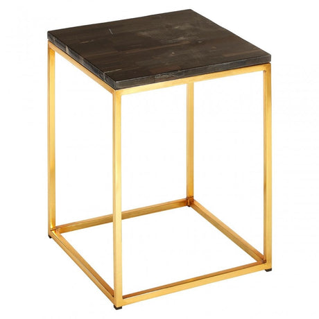 Artefacto Dark Petrified Wood Square Side Table, Iron, Petrified Wood, Brass