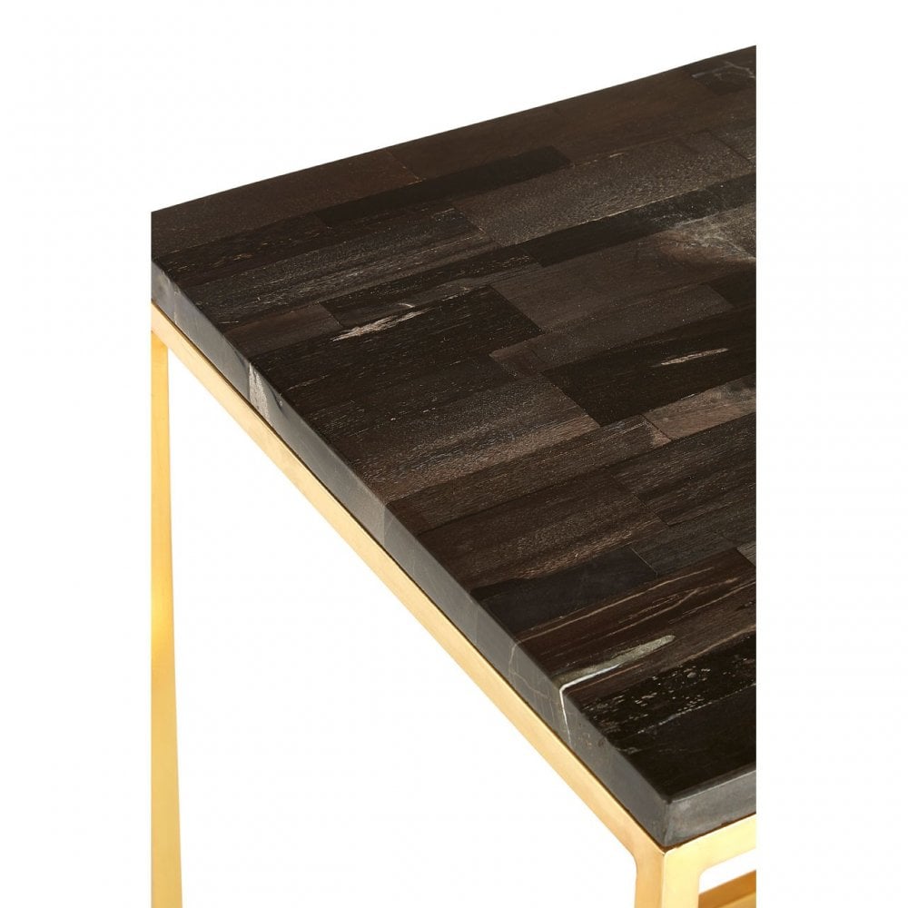 Artefacto Dark Petrified Wood Square Side Table, Iron, Petrified Wood, Brass