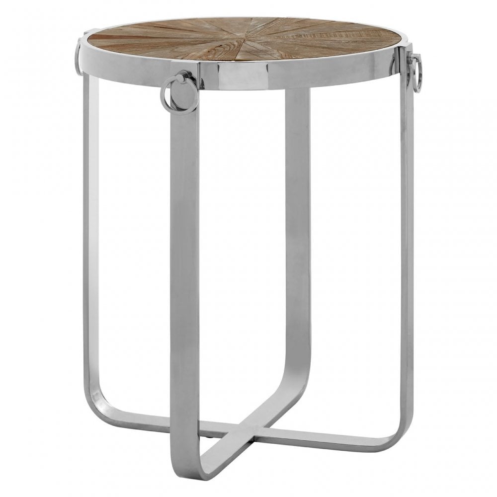 Mitra Side Table, Elm Wood, Stainless Steel, Silver