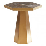 Titan Small Hexagon End Table, Elm Wood, Stainless Steel, Gold