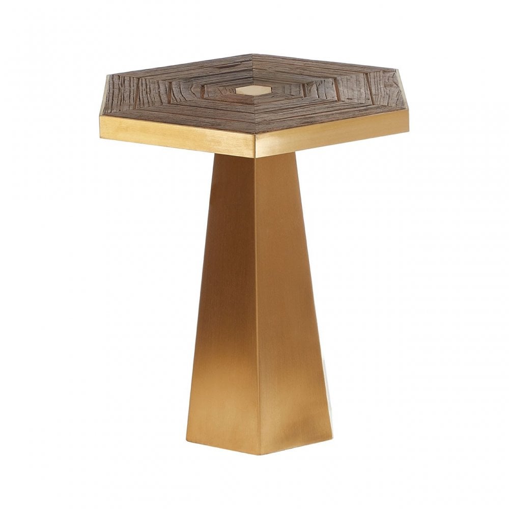 Titan Small Hexagon End Table, Elm Wood, Stainless Steel, Gold