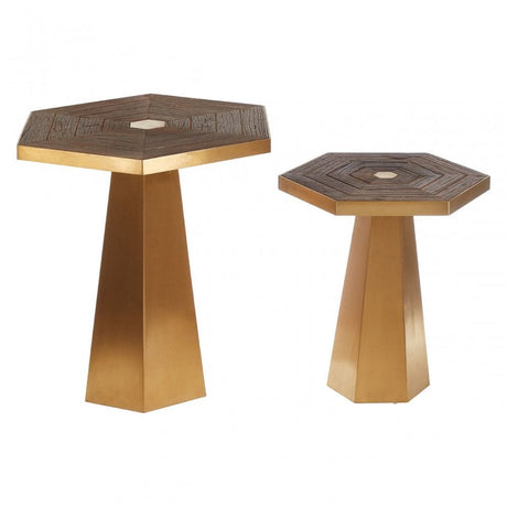 Titan Small Hexagon End Table, Elm Wood, Stainless Steel, Gold