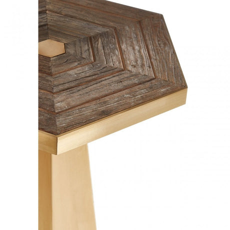 Titan Small Hexagon End Table, Elm Wood, Stainless Steel, Gold