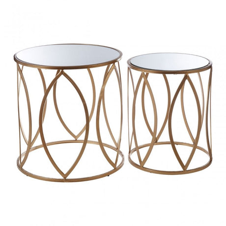 Calias Set of 2 Side Tables, Iron, Mirrored Glass, Gold