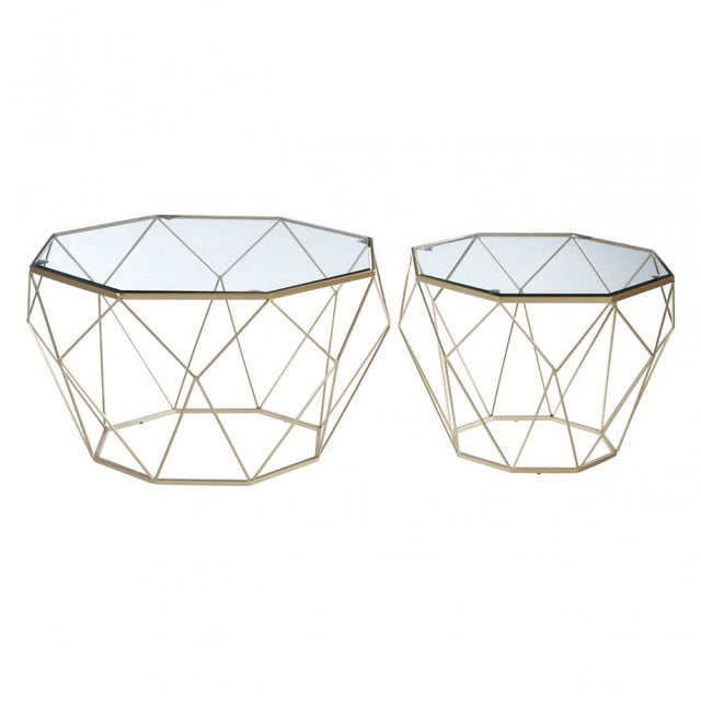 Calias Set of 2 Clear Glass Tables, Iron, Tempered Glass, Silver