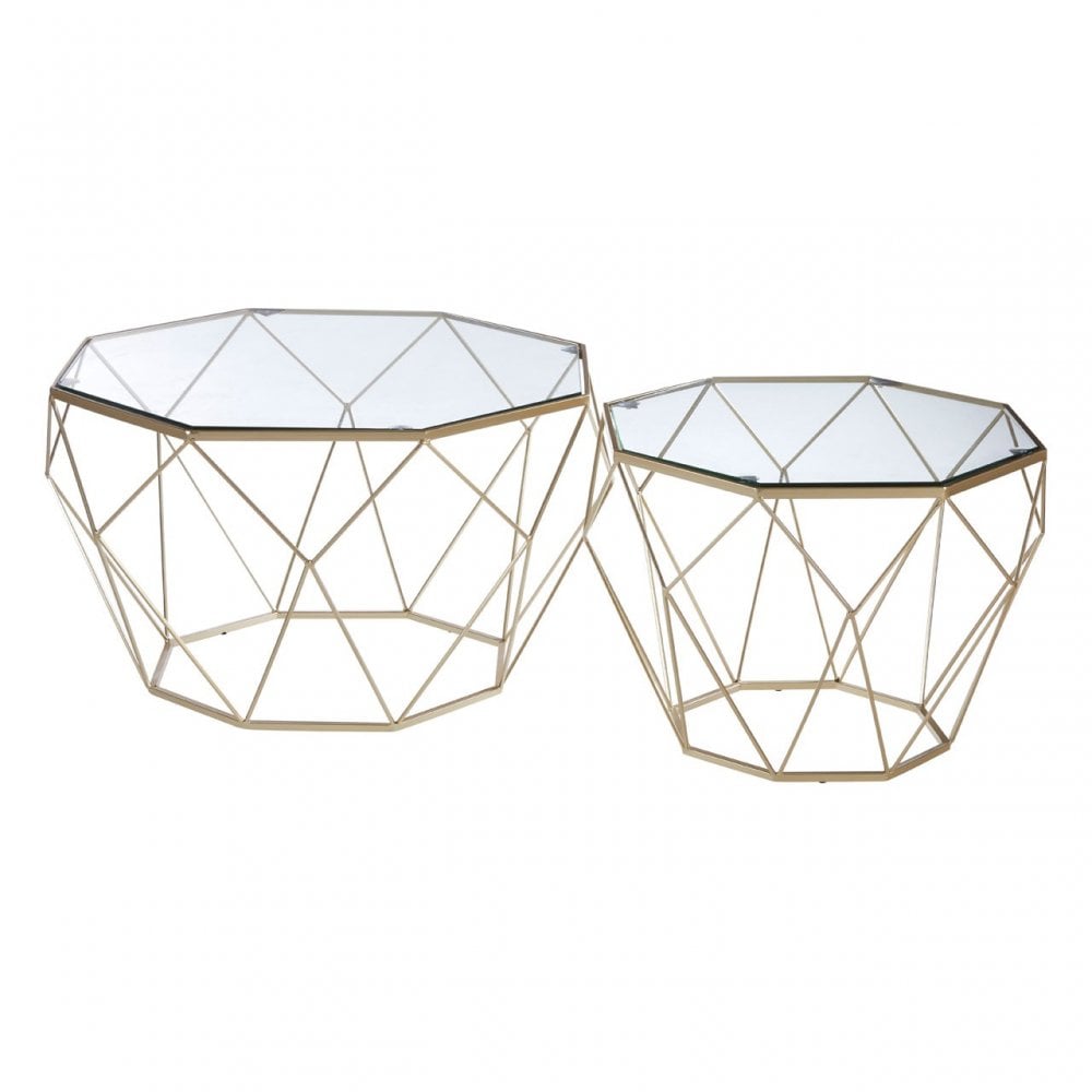 Calias Set of 2 Clear Glass Tables, Iron, Tempered Glass, Silver