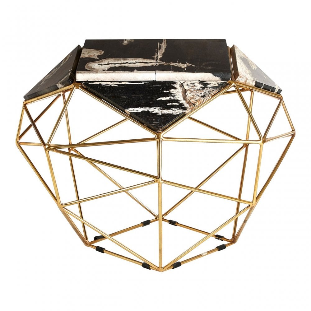 Artefacto Dark Petrified Wood Side Table, Iron, Petrified Wood, Brass