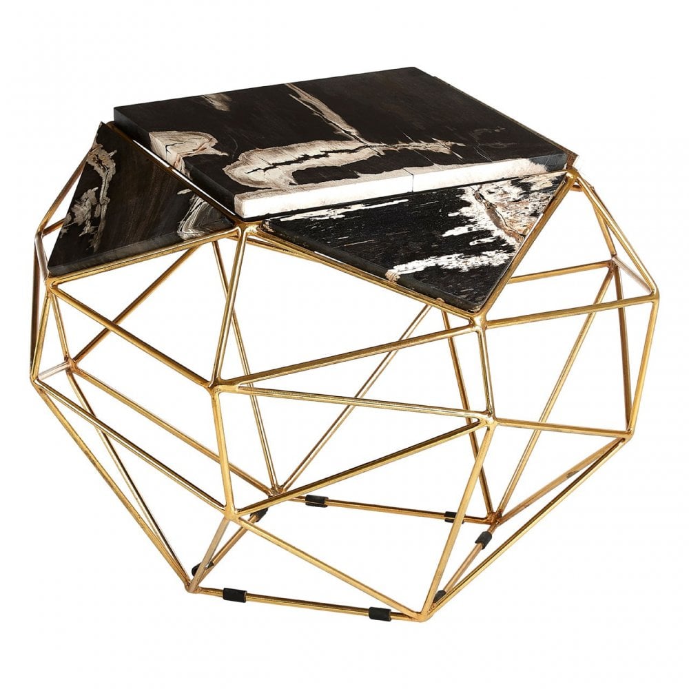 Artefacto Dark Petrified Wood Side Table, Iron, Petrified Wood, Brass