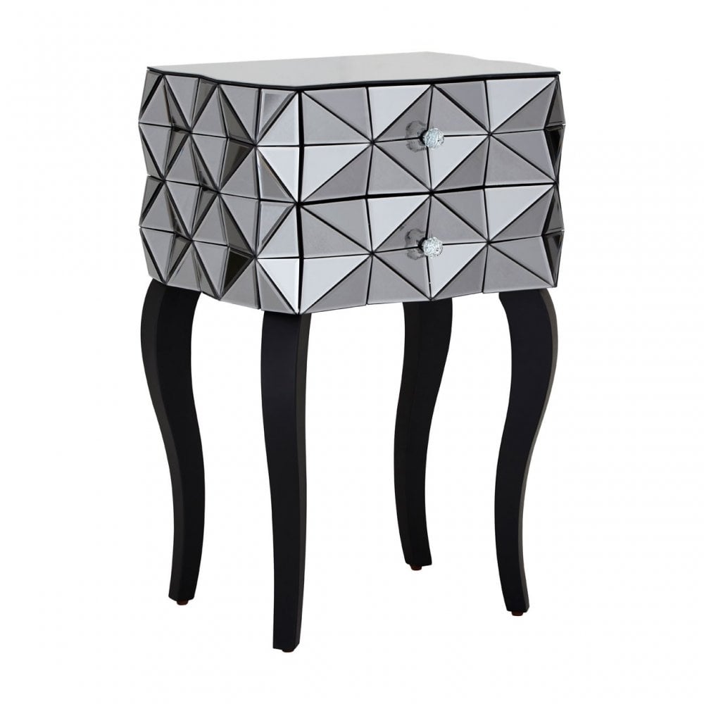 Soho 2 Drawer 3D Side Table, Wood, Mirrored Glass, Wood, Silver