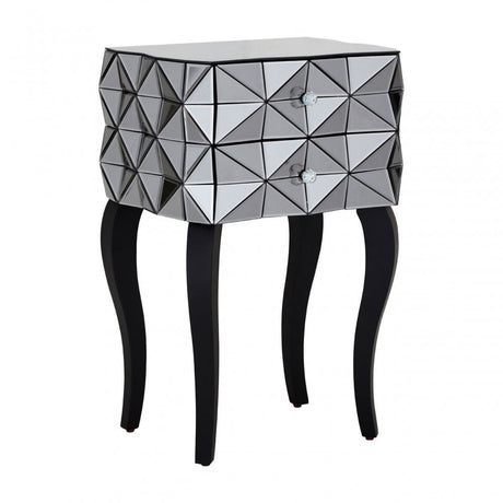Soho 2 Drawer 3D Side Table, Wood, Mirrored Glass, Wood, Silver