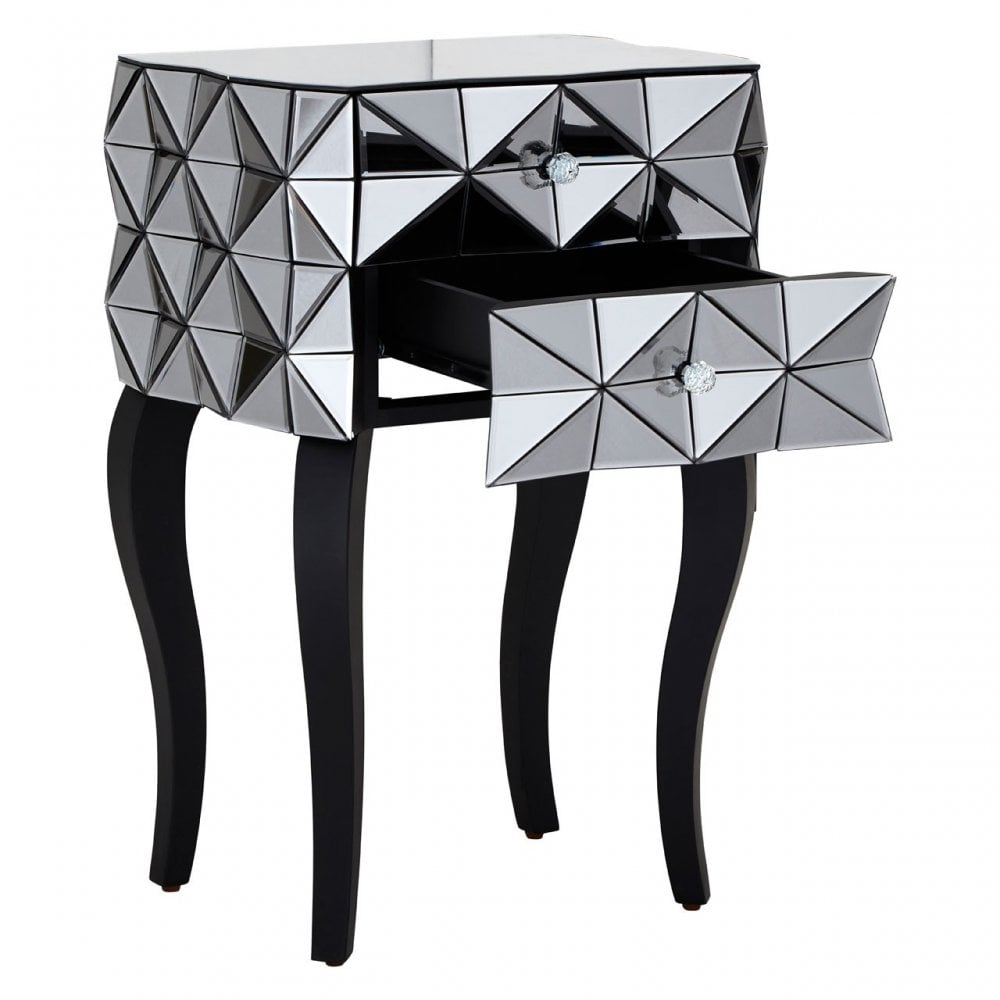 Soho 2 Drawer 3D Side Table, Wood, Mirrored Glass, Wood, Silver