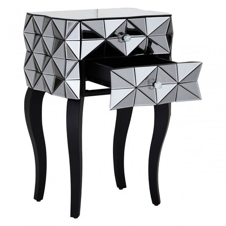 Soho 2 Drawer 3D Side Table, Wood, Mirrored Glass, Wood, Silver