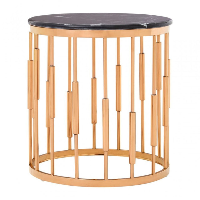 Camperian Round Copper Finish Side Table, Marble, Stainless Steel, Gold