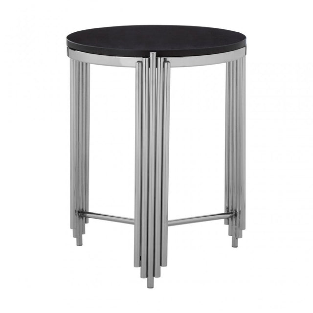 Clarice Round Side Table, Granite, Stainless Steel, Black