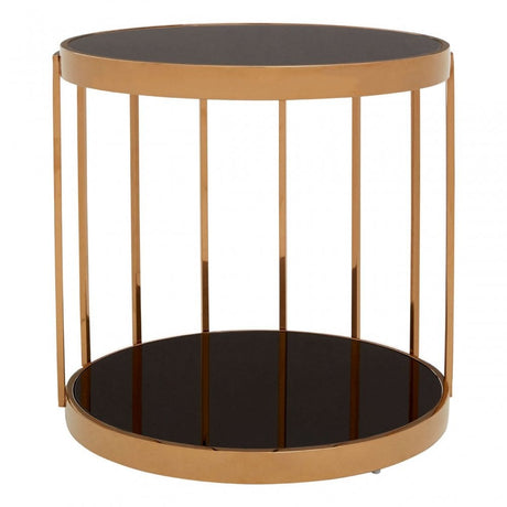 Donal Rose Gold Cage Design Side Table, Stainless Steel, Glass, Rose Gold