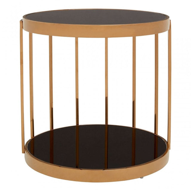 Donal Rose Gold Cage Design Side Table, Stainless Steel, Glass, Rose Gold