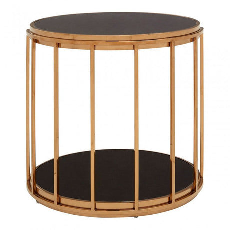 Donal Rose Gold Cage Design Side Table, Stainless Steel, Glass, Rose Gold